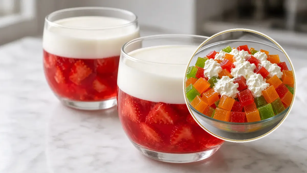 Vaso de gelatina roja con fruta y una capa gruesa de crema blanca sobre mármol.