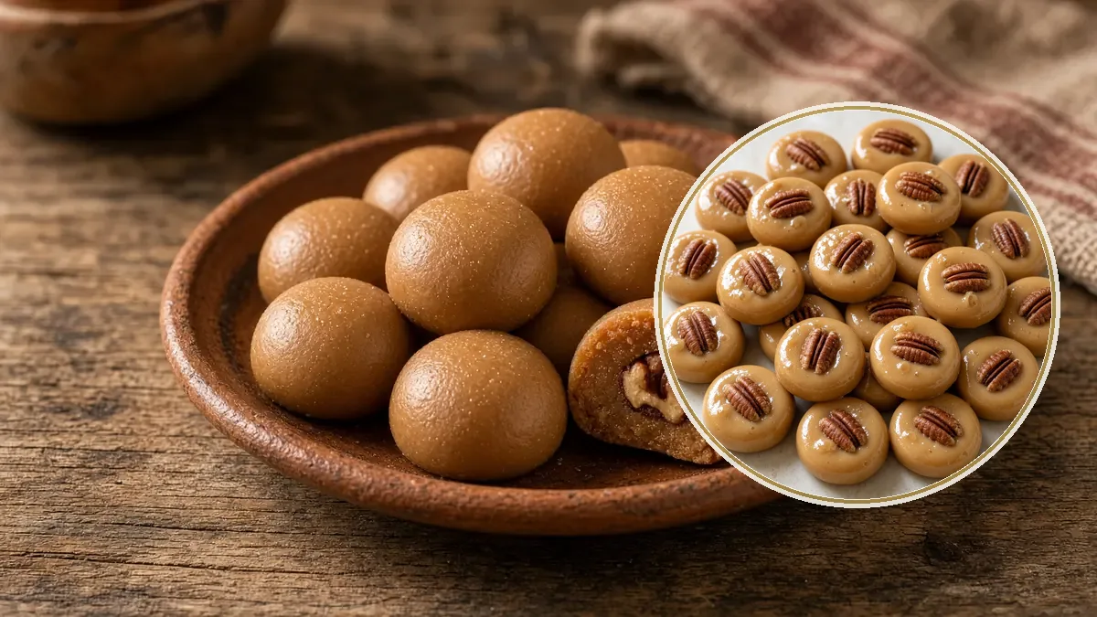Glorias redondas de caramelo suave, una partida para mostrar la nuez en el centro, en un platito de barro.