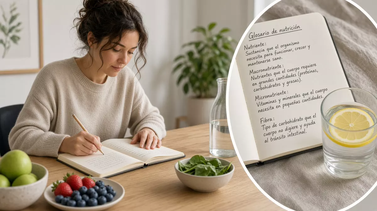 Alimentos que representan macronutrientes sobre una tabla. En primer plano, un vaso de agua con limón.