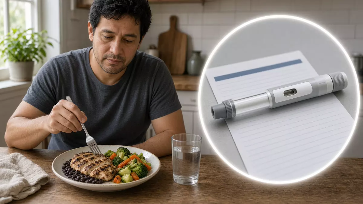 Persona con un plato modesto. En primer plano, una pluma de GLP-1 sin marca.