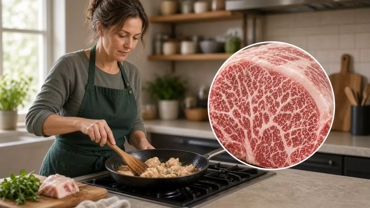 Persona cocina con grasa visible. En primer plano, el marmoleo, grasa saturada.