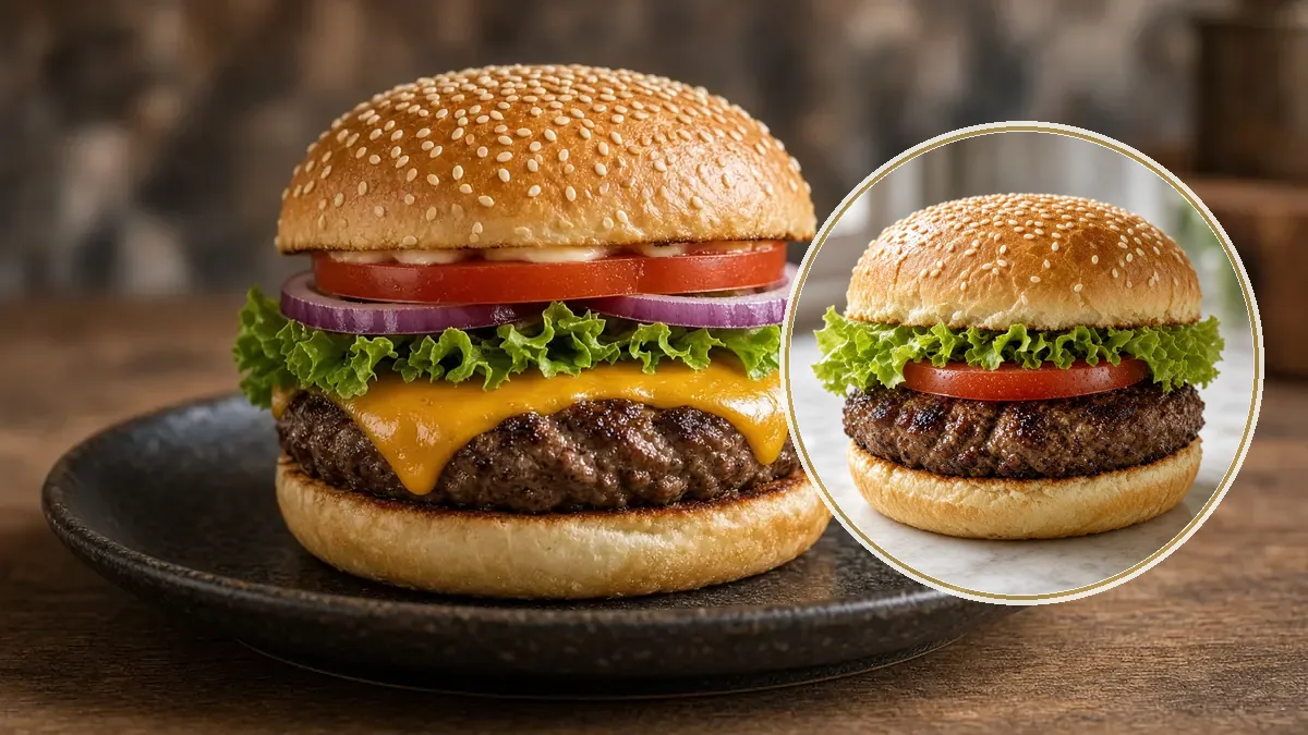 Hamburguesa con pan de ajonjolí, carne, queso cheddar, lechuga y jitomate en un plato oscuro.