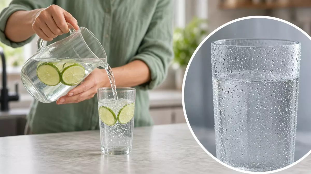 Persona sirviendo agua con limón. En primer plano, el vaso de agua.