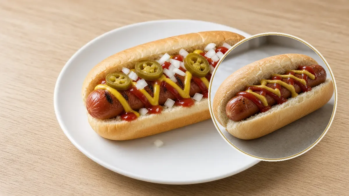 Hot dog en pan suave con mostaza, cátsup, cebolla y jalapeño en escabeche sobre un plato blanco.