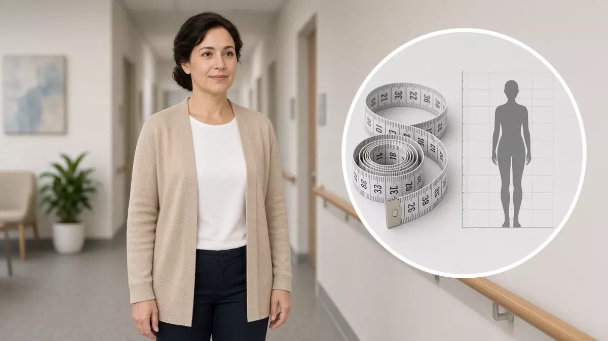 Persona en un pasillo clínico. En primer plano, cinta métrica, el IMC como medida.