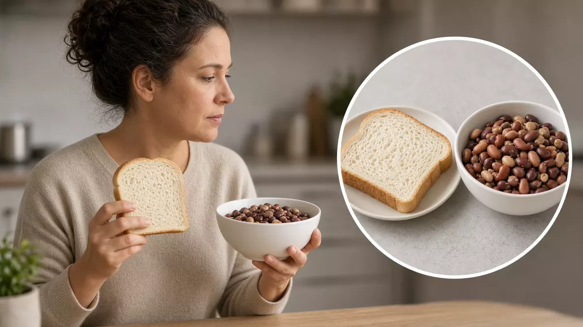 Persona compara pan blanco y frijol. En primer plano, esos dos alimentos, el índice glucémico.