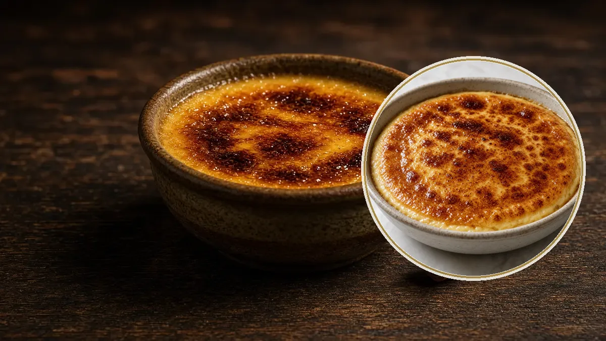 Jericalla en un molde de cerámica con la superficie bien dorada y una raja de canela junto al ramekin.
