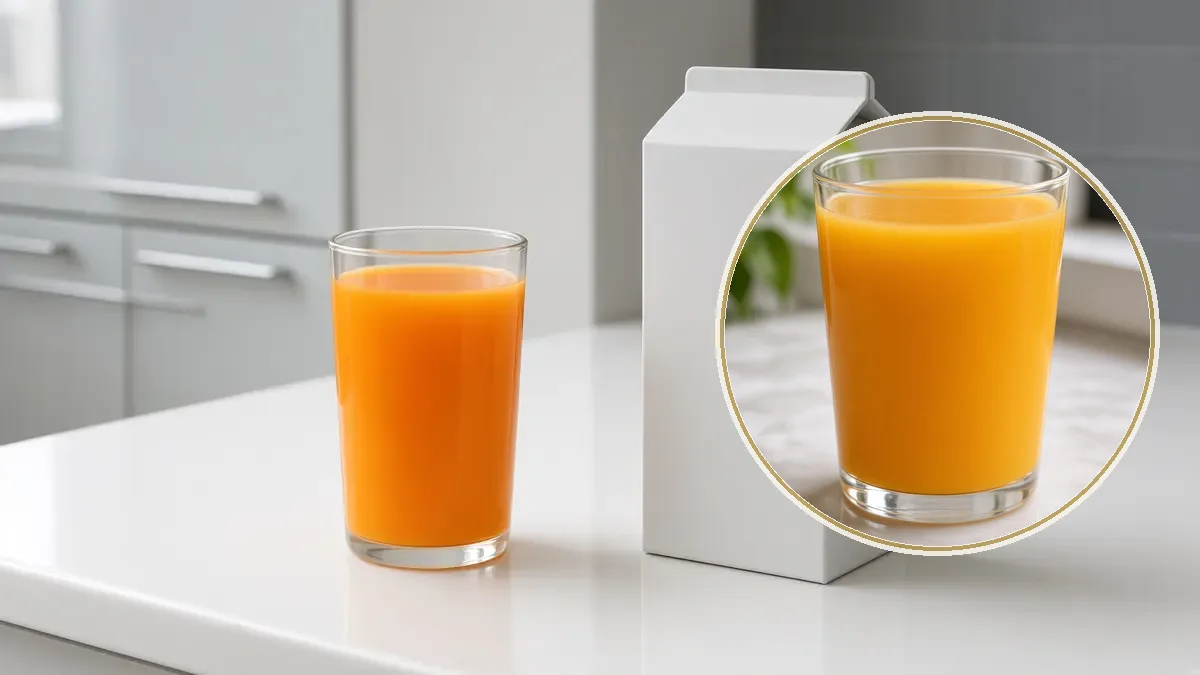 Un vaso corto de jugo naranja uniforme, sin pulpa, queda junto a un envase blanco sin etiqueta sobre una barra blanca.