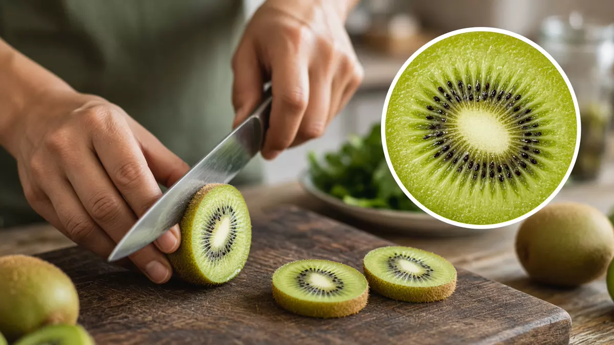 Persona cortando kiwi. En primer plano, las semillas.