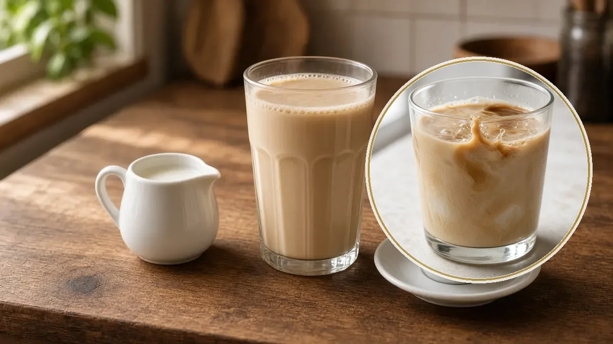 Un vaso facetado de leche con café muy clara queda junto a una jarrita de leche y una taza pequeña de café oscuro, sobre nogal.