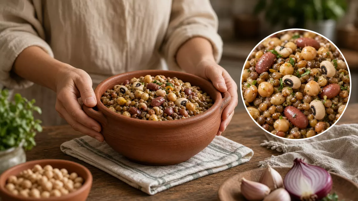 Persona sirviendo olla de legumbres. En primer plano, el grano.