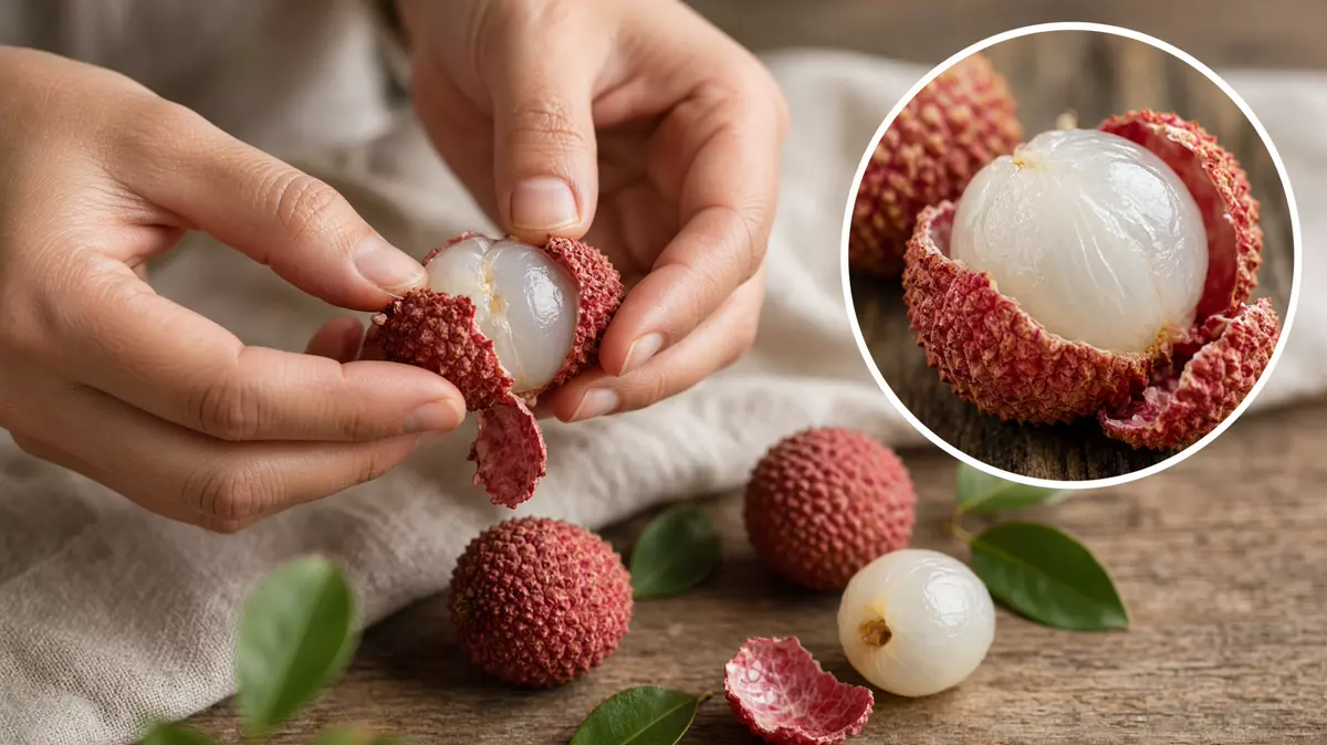 Lichis rosados de cáscara rugosa junto a uno pelado con pulpa blanca.