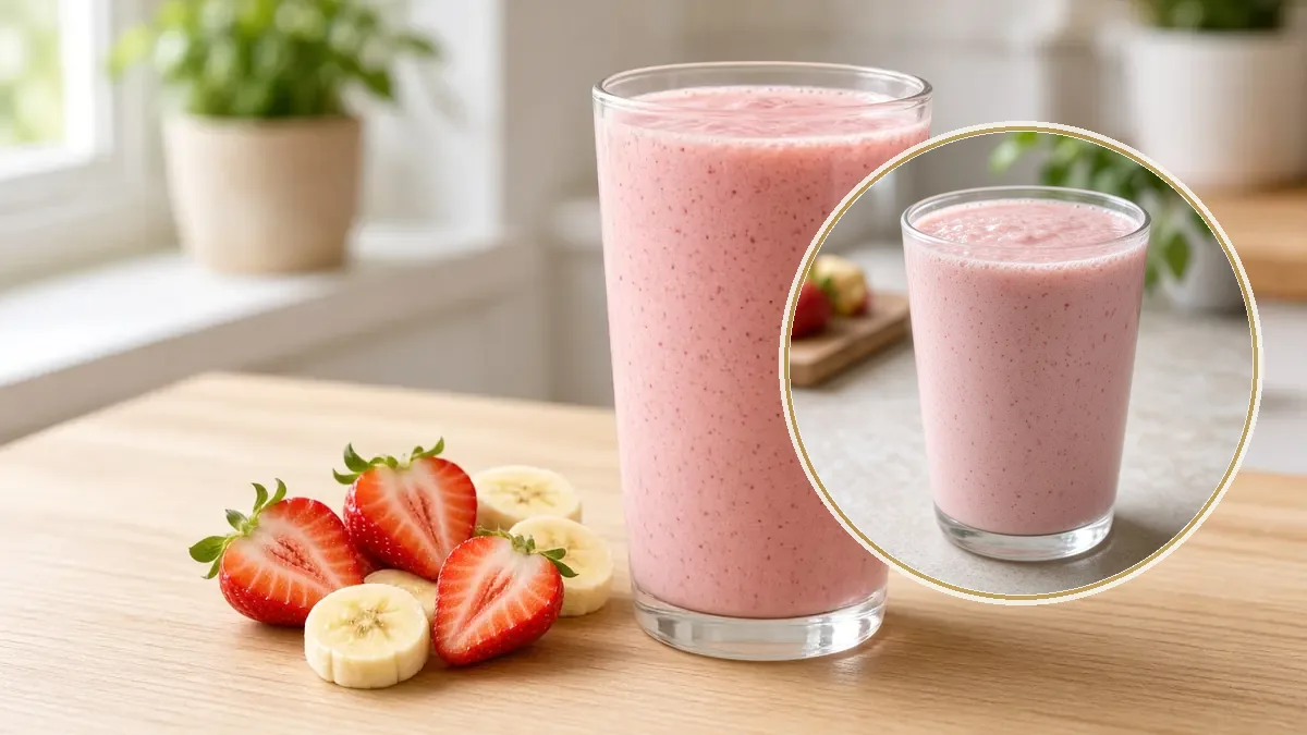 Un vaso alto de licuado rosa de fresa y plátano se acompaña de fruta fresca cortada sobre una barra de maple.
