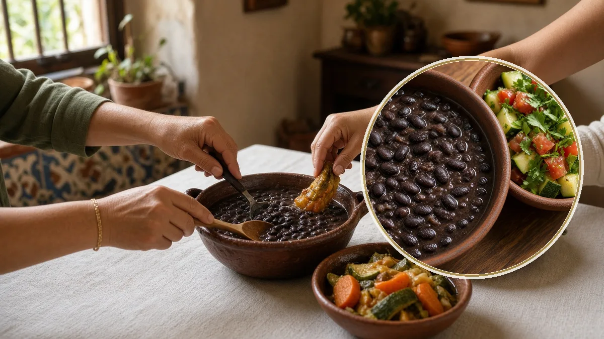 Familia comparte comida cotidiana. En primer plano, verdura y frijol, no una báscula moral.