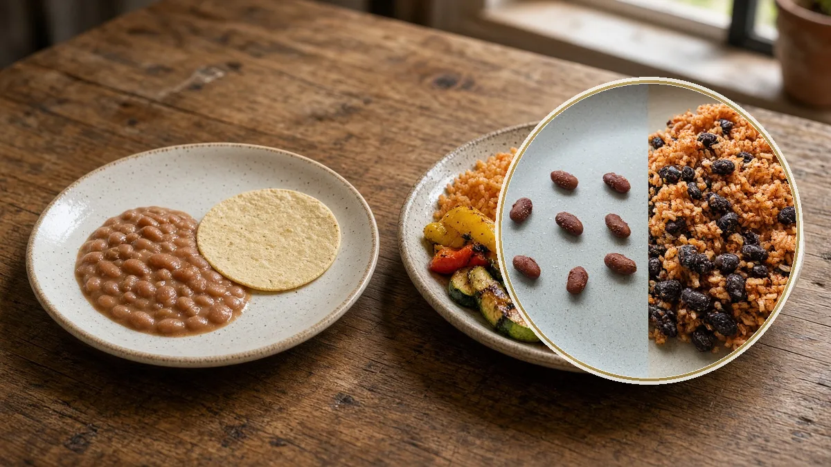 Dos platos distintos en la misma mesa. En primer plano, la porción, desnutrición y exceso como caras.