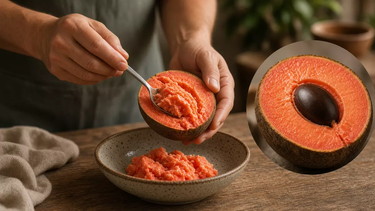 Mamey de piel café junto a una mitad de pulpa anaranjada y semilla grande.
