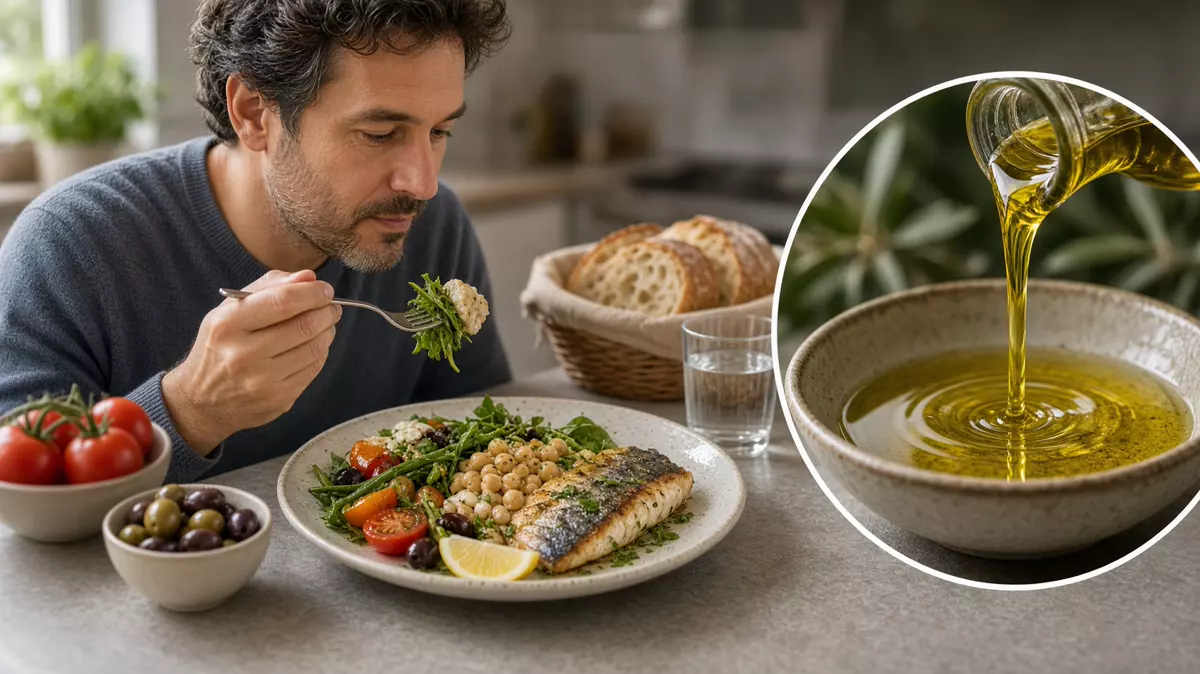 Persona comiendo verdura, legumbre y pescado. En primer plano, el aceite de oliva.