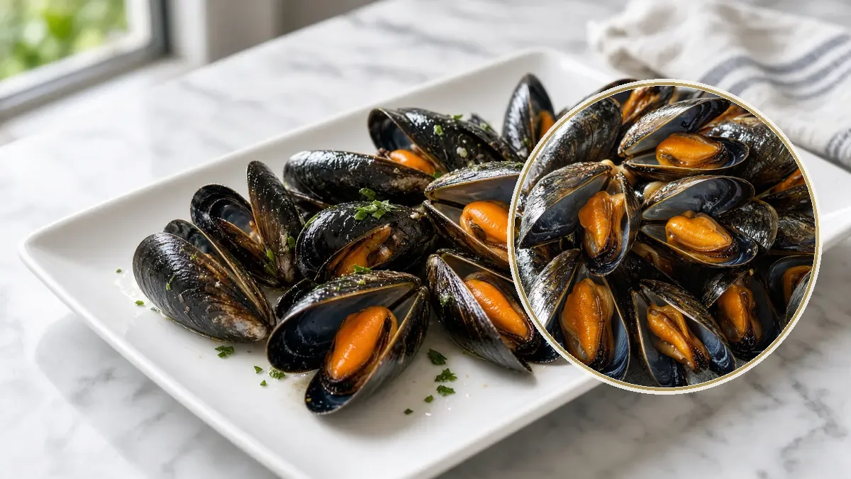 Mejillones cocidos en conchas oscuras, varios abiertos con carne naranja, sobre un plato rectangular blanco.