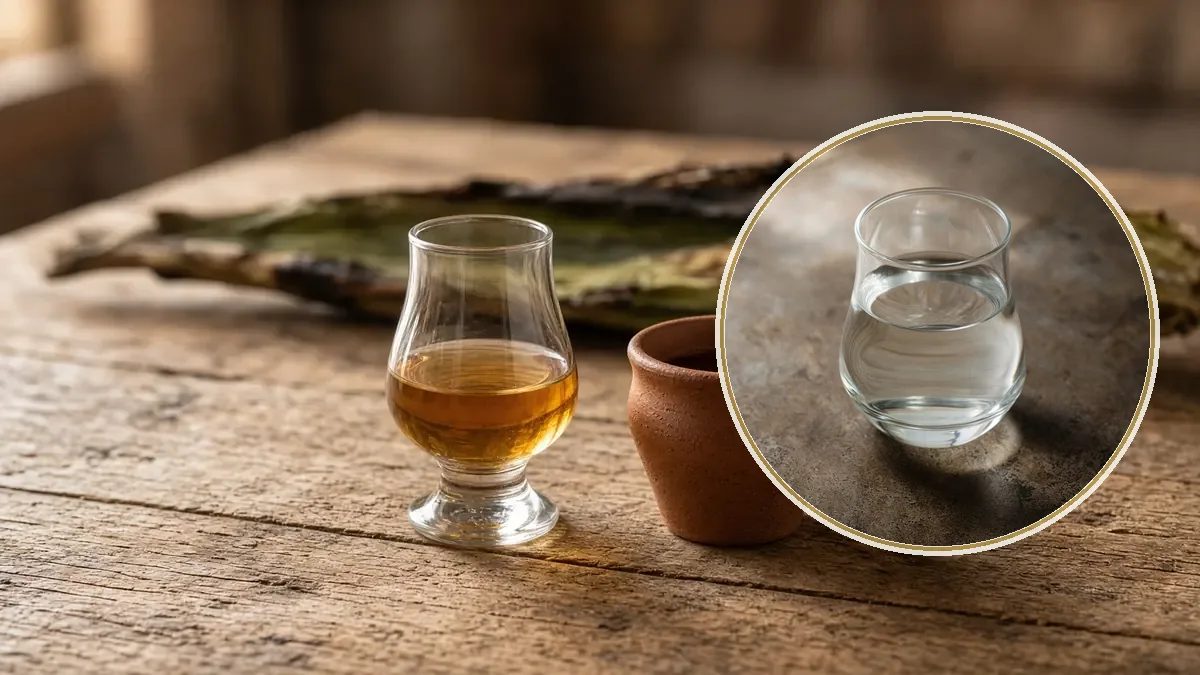 Una copita de mezcal ámbar se coloca junto a una jícara de barro sobre una mesa de pino rústica.