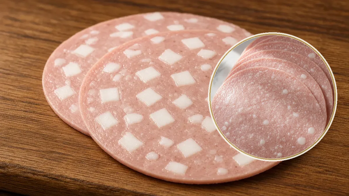 Dos rebanadas de mortadela con cubos de grasa sobre una tabla