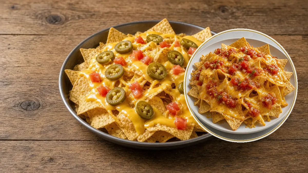 Charola de nachos con queso fundido, jalapeño y jitomate sobre una mesa rústica.
