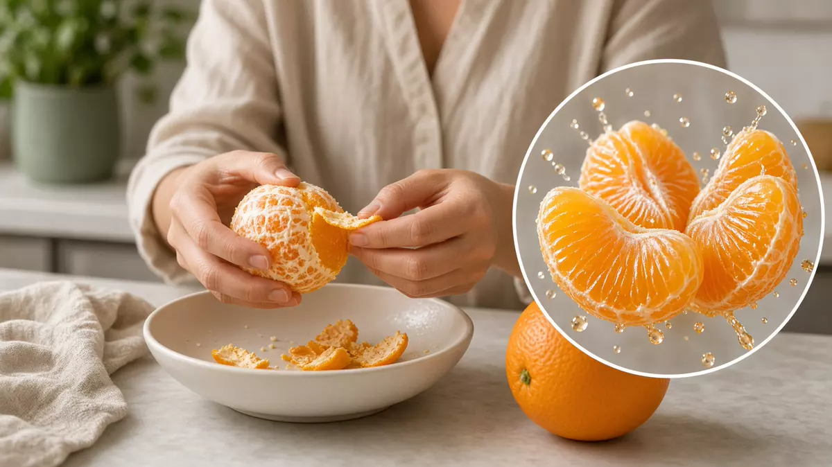 Persona pelando naranja. En primer plano, los gajos con jugo.
