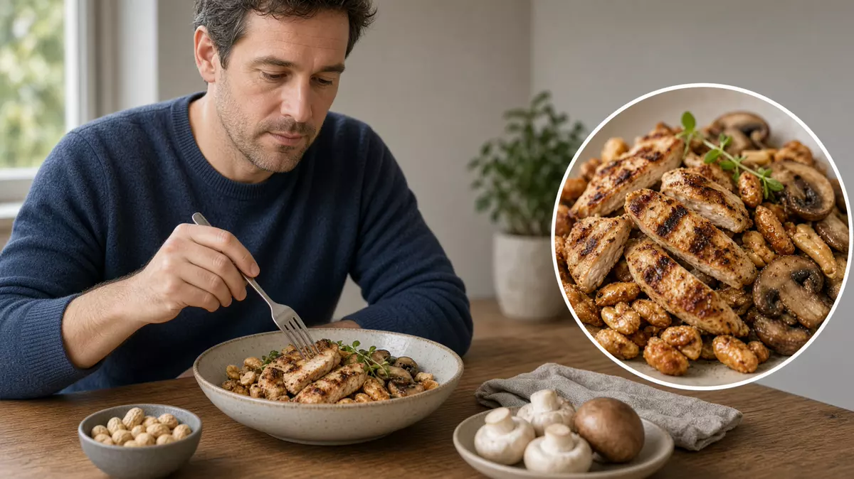 Persona comiendo pollo, cacahuate y champiñones. En primer plano, pollo y cacahuate.