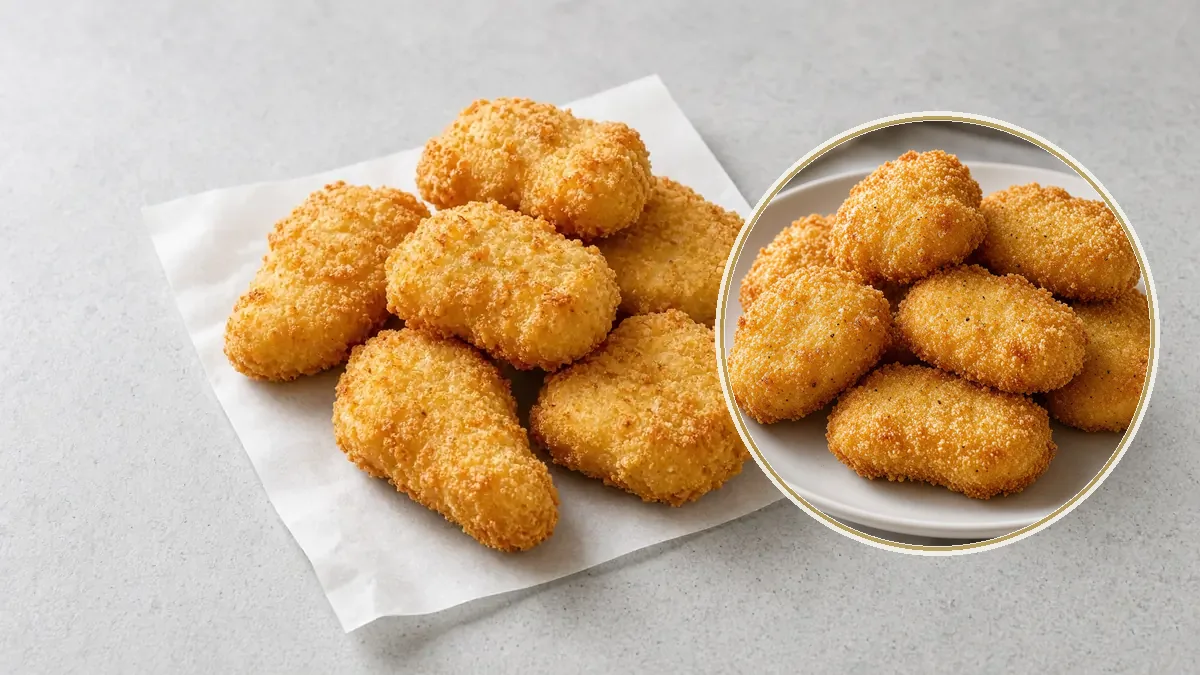 Nuggets de pollo empanizados sobre papel, con un ramekin de salsa clara al lado.