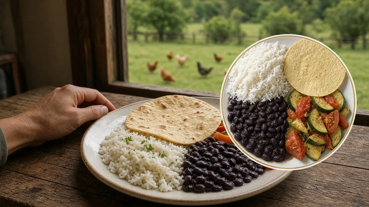Persona con un plato humano junto a un esquema de granja. En primer plano, el plato, no pienso.