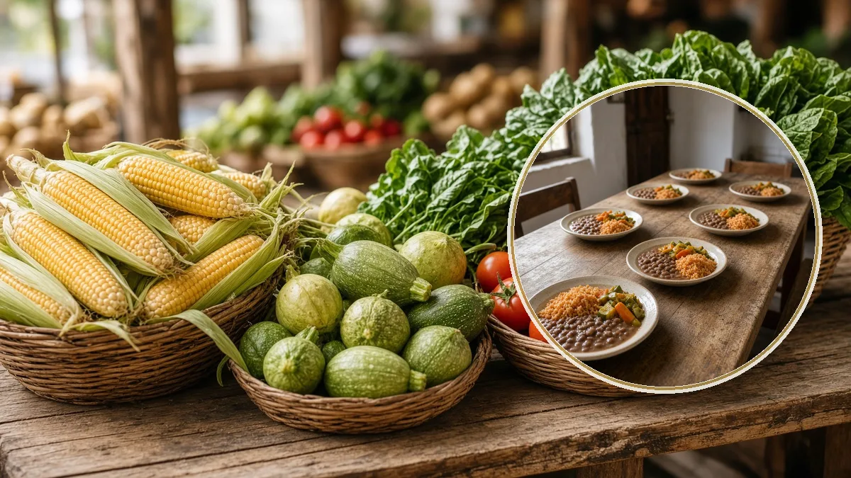 Mercado con maíz y verdura. En primer plano, un comedor sencillo, nutrición de población.
