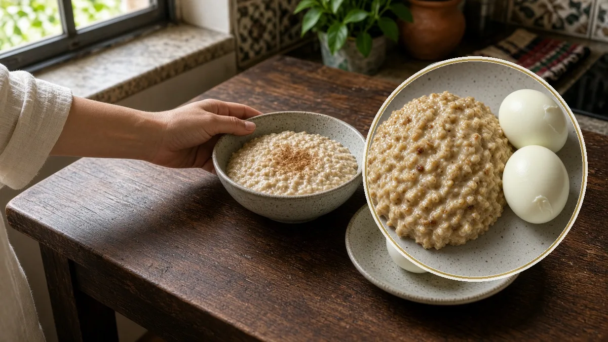 Persona desayuna avena y huevo antes de entrenar. En primer plano, el plato, no un tarro.