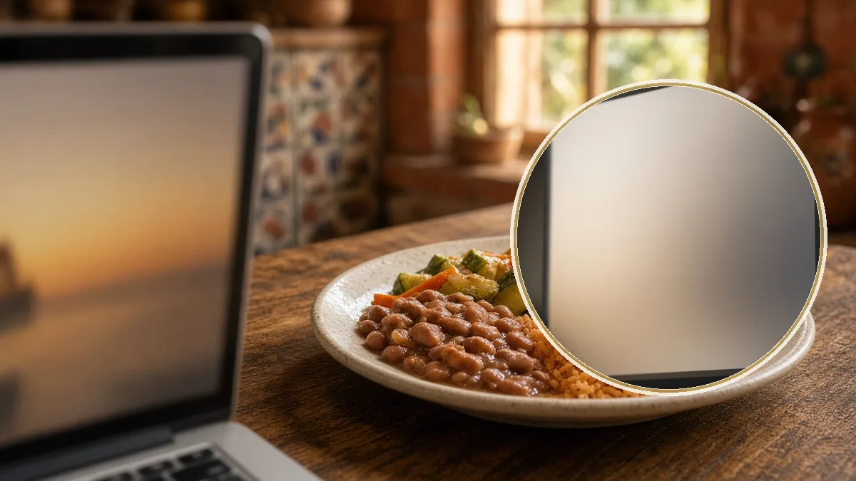 Videollamada con un plato cotidiano en la mesa. En primer plano, la pantalla, consulta en línea.
