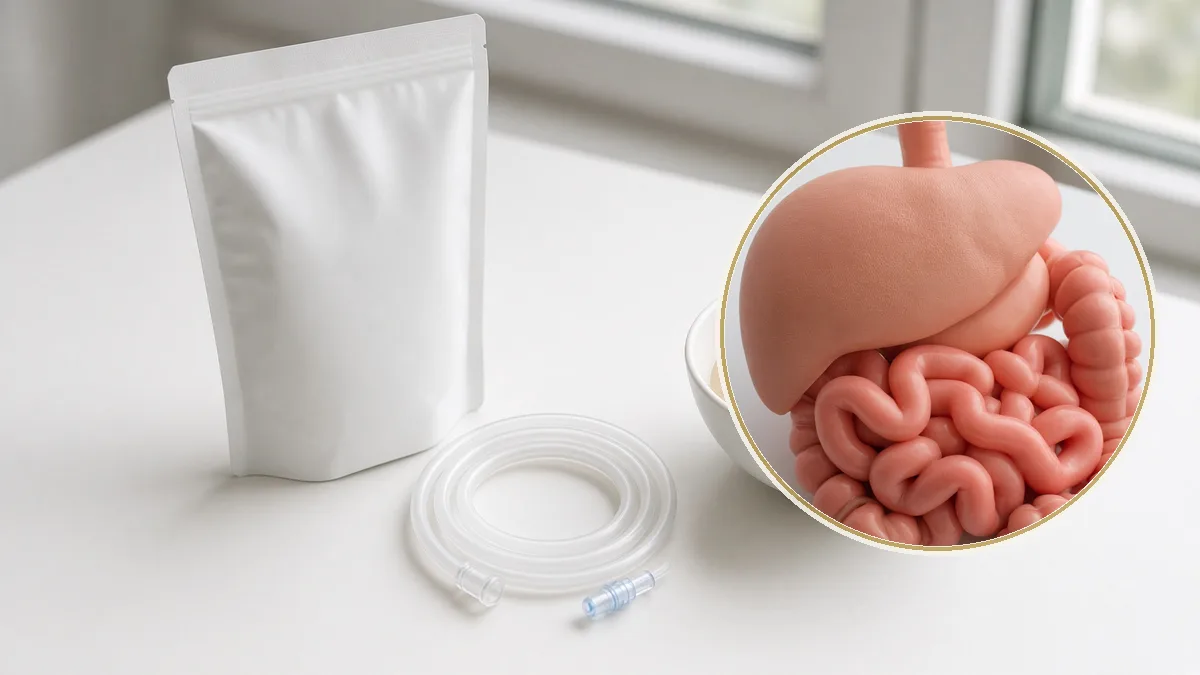 Esquema educativo de alimentación por sonda. En primer plano, el tubo digestivo, no un batido.