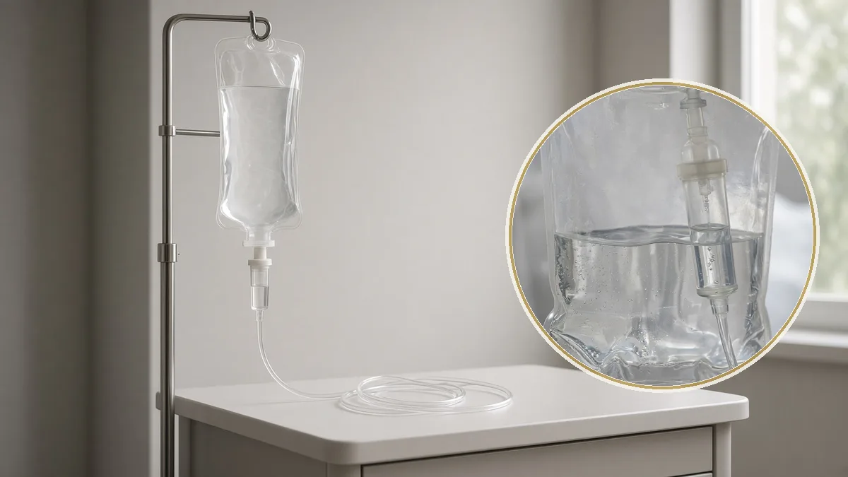 Esquema educativo de una vía venosa. En primer plano, la infusión hospitalaria, no un drip estético.