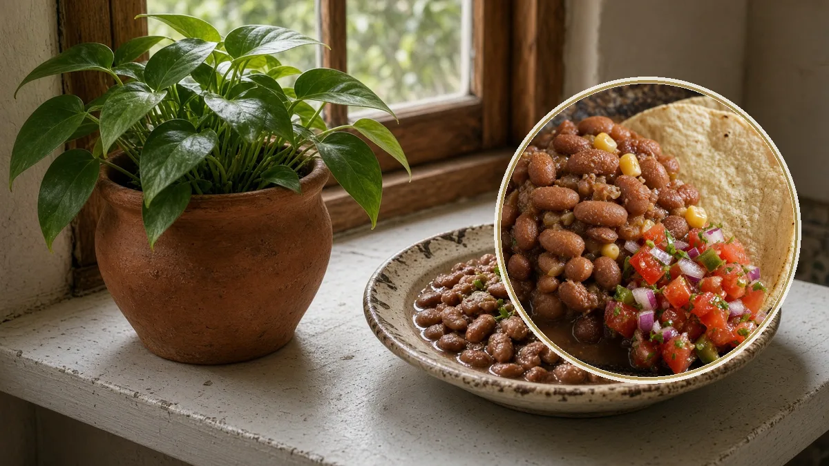 Planta junto a un plato con frijol. En primer plano, el plato humano, no la fotosíntesis.