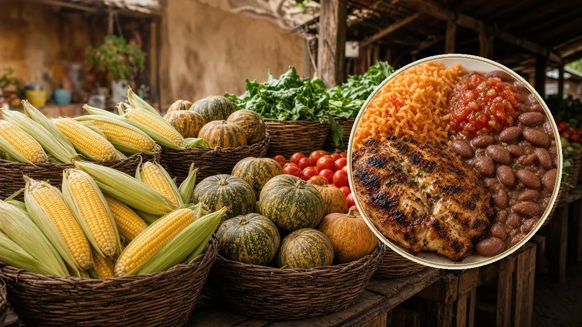 Mercado con maíz y verdura. En primer plano, un plato servido, alimentación frente a nutrición.