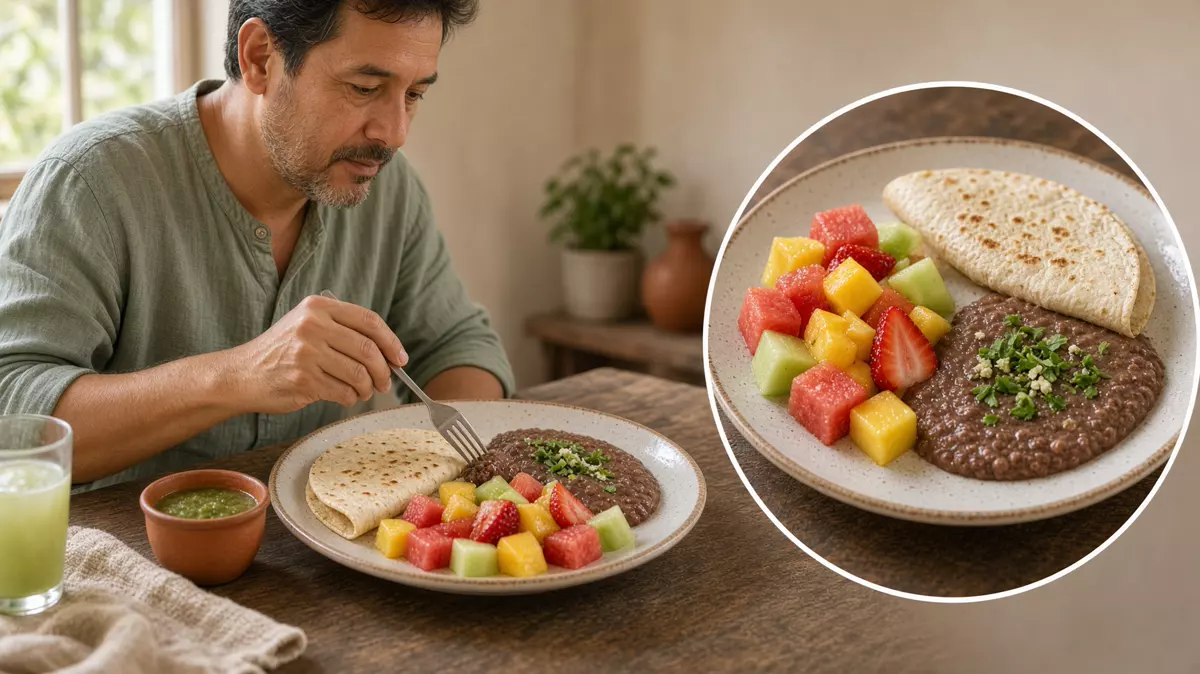 Persona en un desayuno con fruta, tortilla y frijol. En primer plano, ese plato.