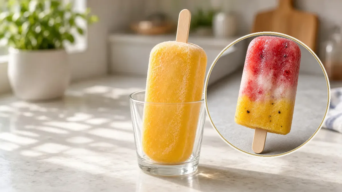 Paleta de mango anaranjada sobre un palito de madera, de pie en un vaso, con un poco de escarcha.