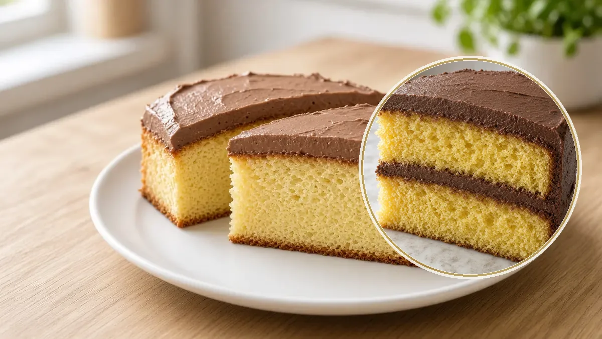 Dos rebanadas de pastel amarillo con betún de chocolate liso en un plato blanco.