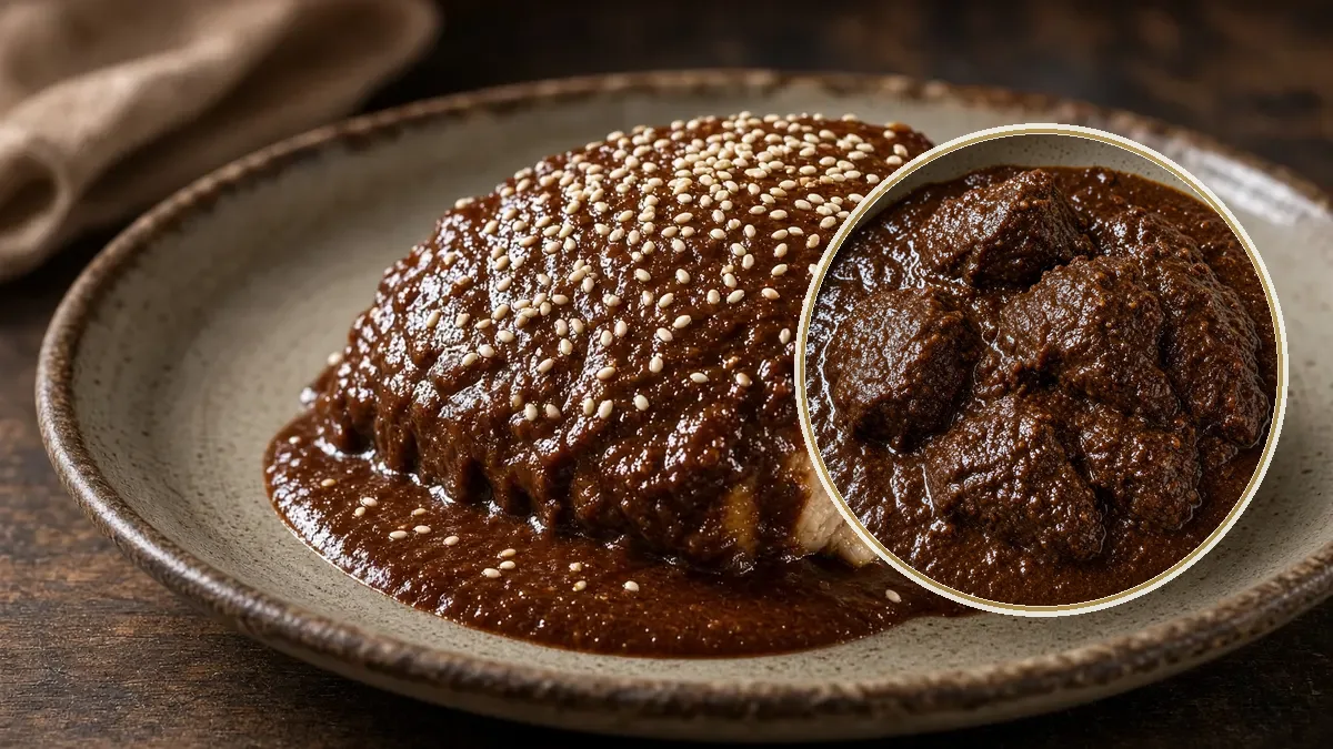 Pieza de pavo cubierta de mole oscuro con ajonjolí