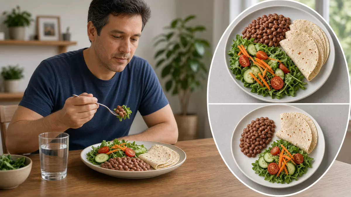 Persona con un plato medido de frijol y verdura, plato grande y plato moderado.