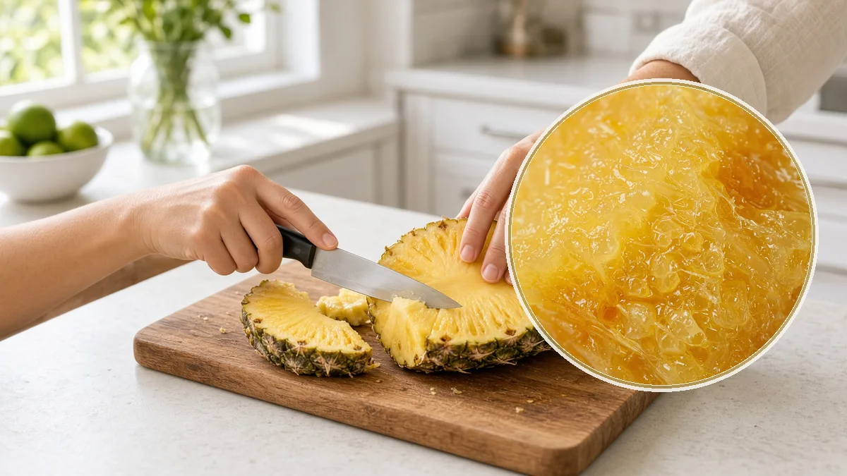 Persona cortando piña. En primer plano, la pulpa en hexágonos.