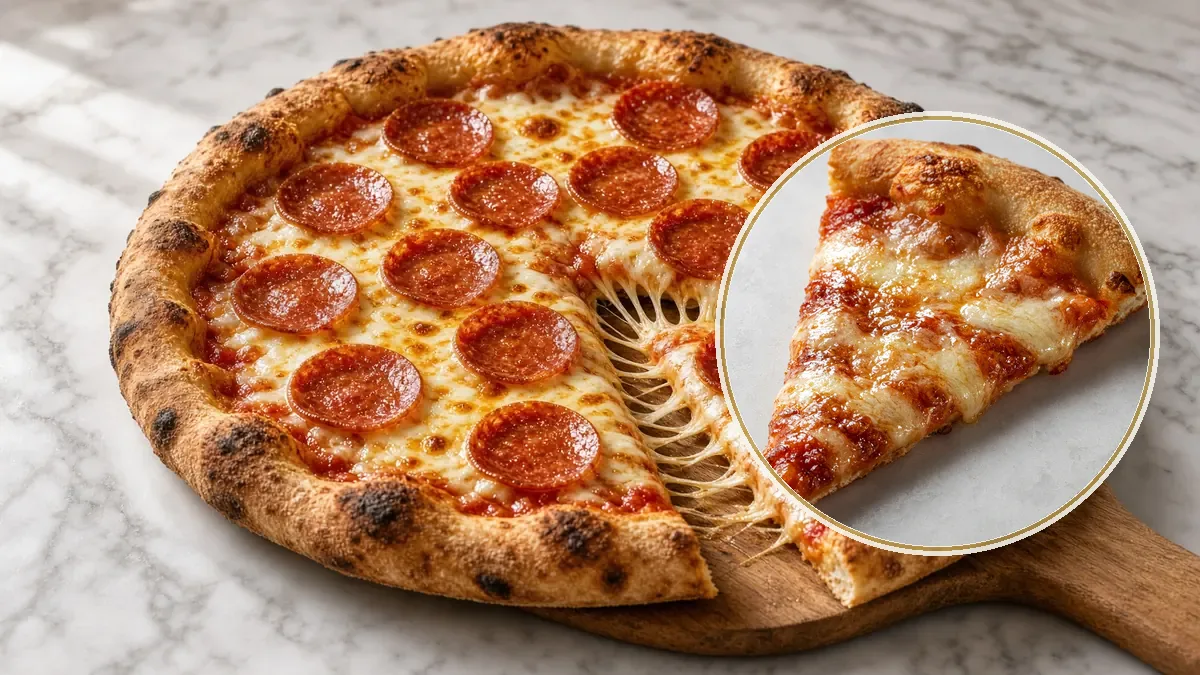 Pizza de queso y pepperoni en una pala de madera, con una rebanada ligeramente separada.