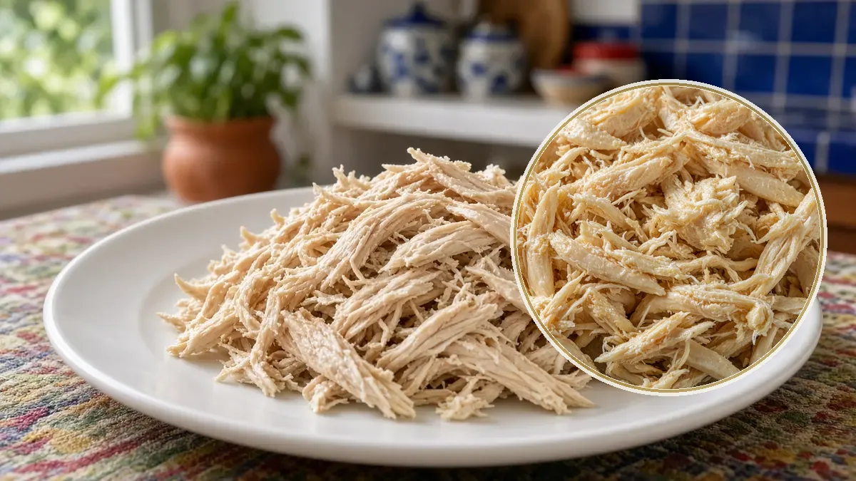 Pollo cocido deshebrado, sin salsa, sobre un plato blanco