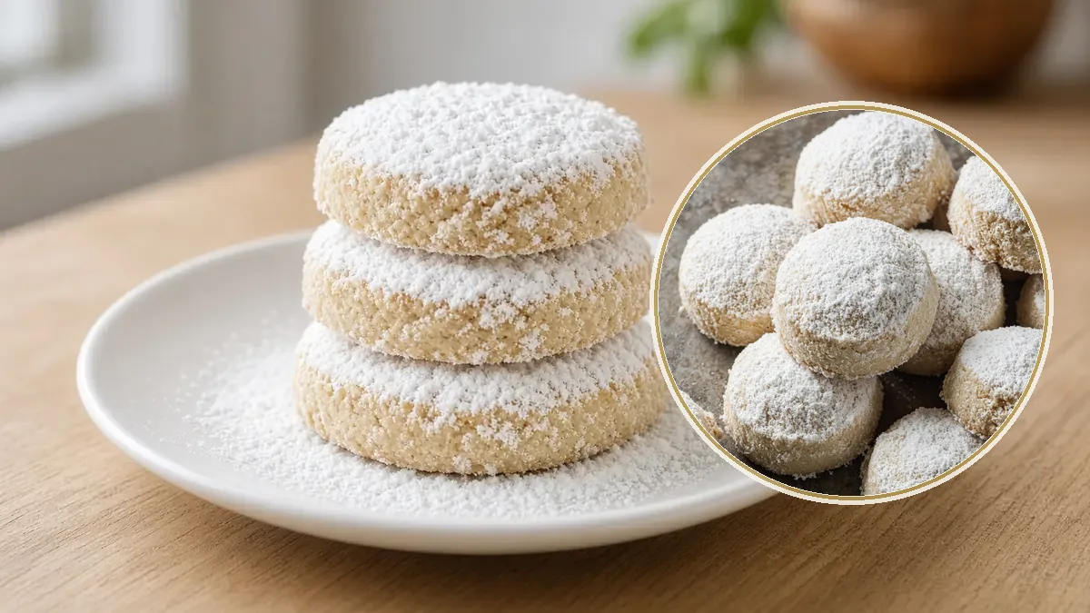 Polvorones de dulce redondos y quebradizos, cubiertos de azúcar glass, sobre un plato blanco.