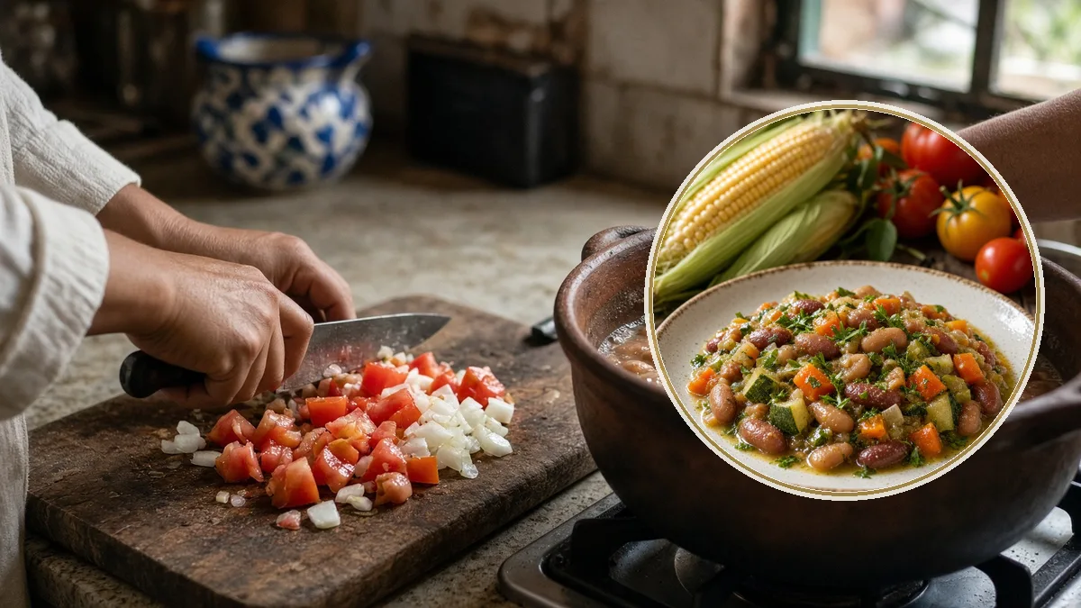 Persona cocina en casa. En primer plano, el mercado y el plato, el acto de alimentarse.
