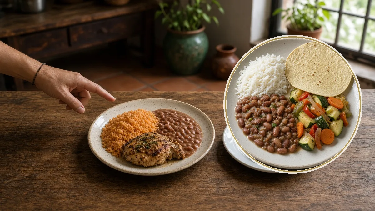 Persona compara un plato habitual con uno muy pequeño. En primer plano, el patrón, no un reto.