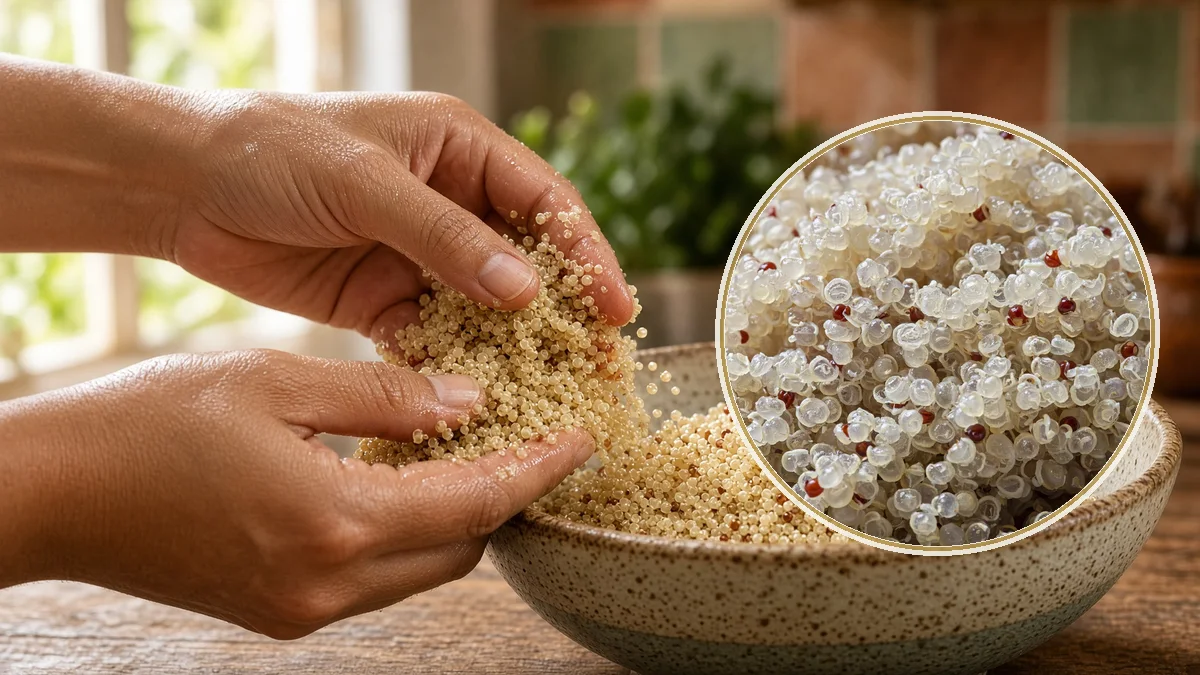 Quinua cocida en un bowl con verdura y limón