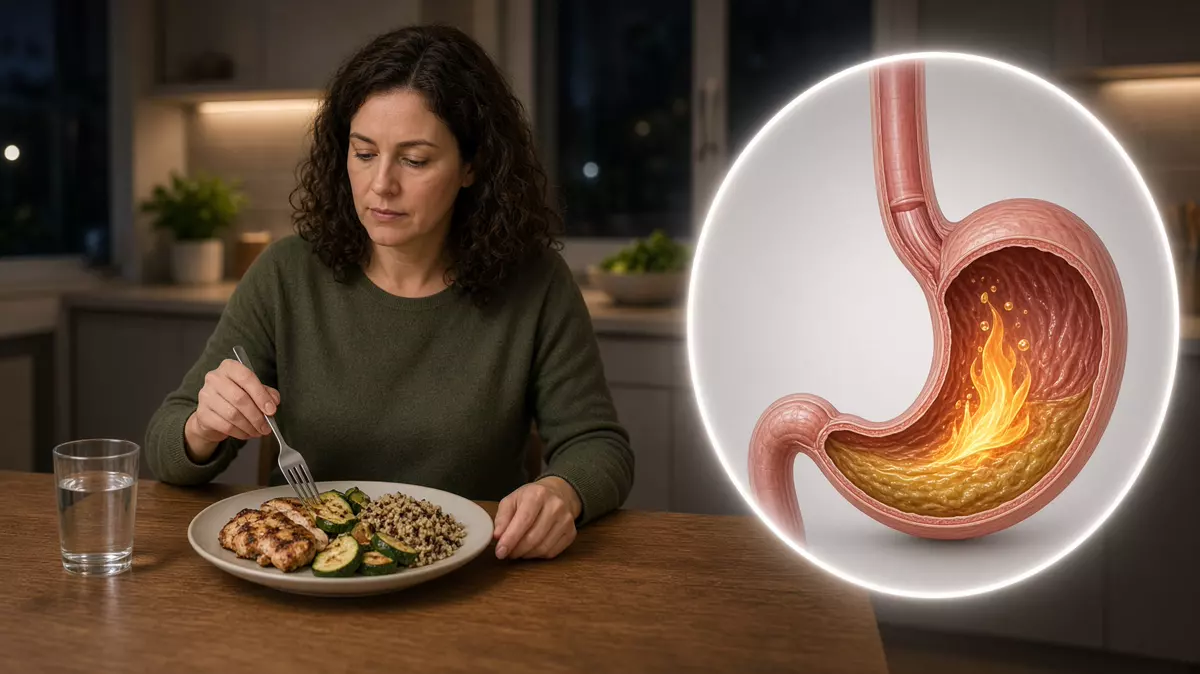 Persona sentada comiendo una porción pequeña. En primer plano, estómago y esófago con reflujo, ilustración educativa.