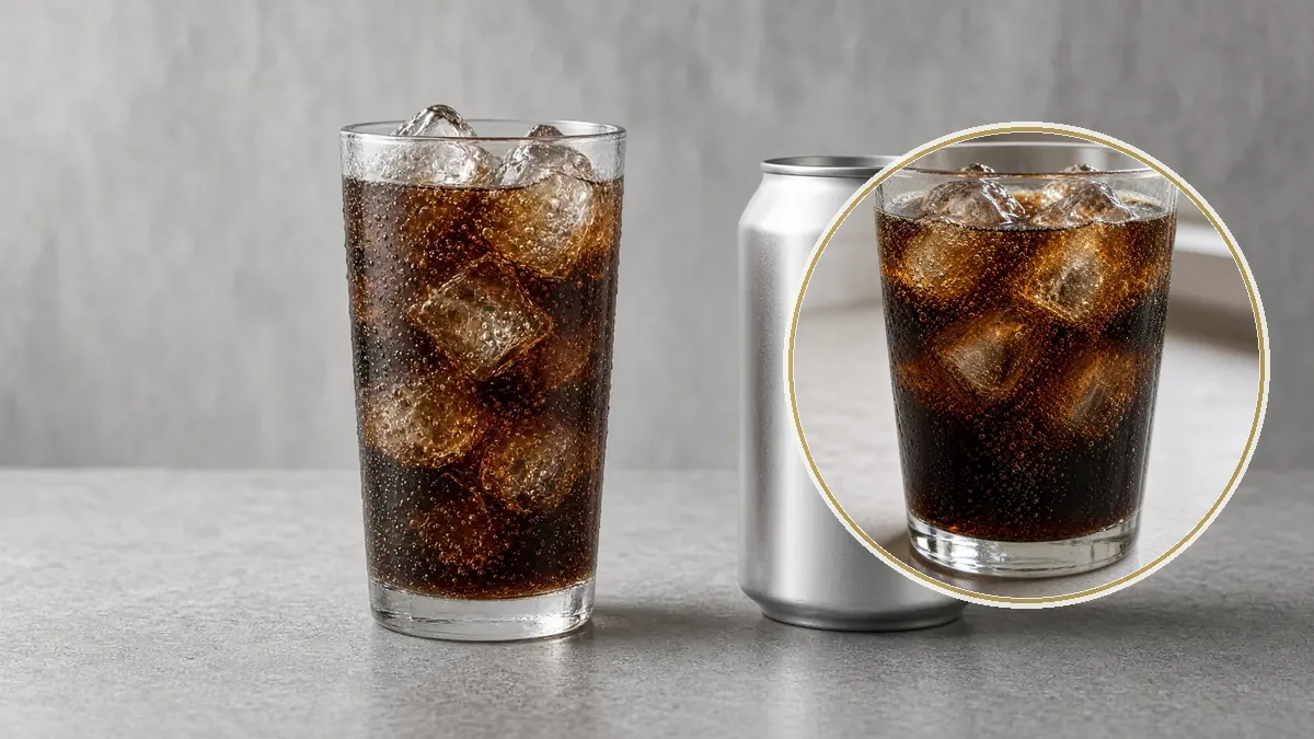 Un vaso alto de refresco de dieta muy oscuro, con hielo y burbujas, acompaña una lata metálica sin etiqueta sobre concreto gris.